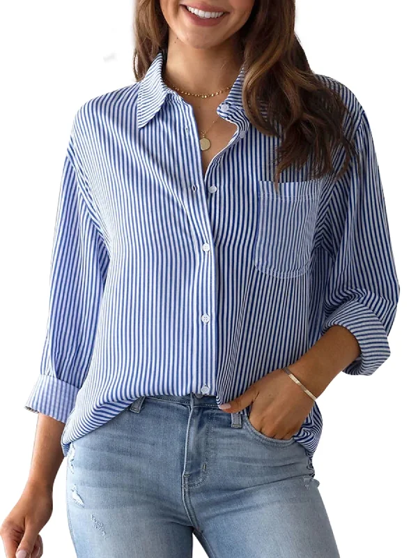 Charmo Women's Striped Button Down Blouses Casual Long Sleeve Shirts