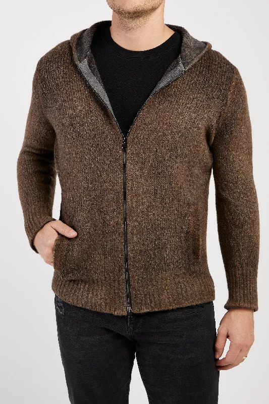 Hooded Brushed Cotton Zip Cardigan in Sughero