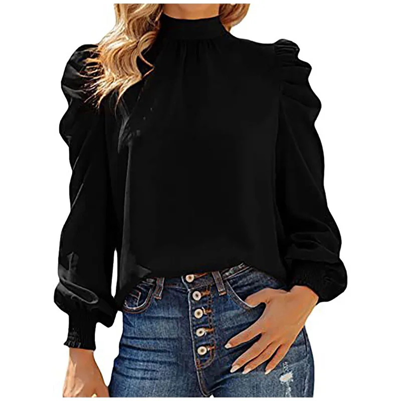 KIJBLAE Discount Womens Summer Ruffle Shirt Long Sleeve High Neck Puff Long Sleeve Casual Loose Shirts Tops and Blouses Black XL