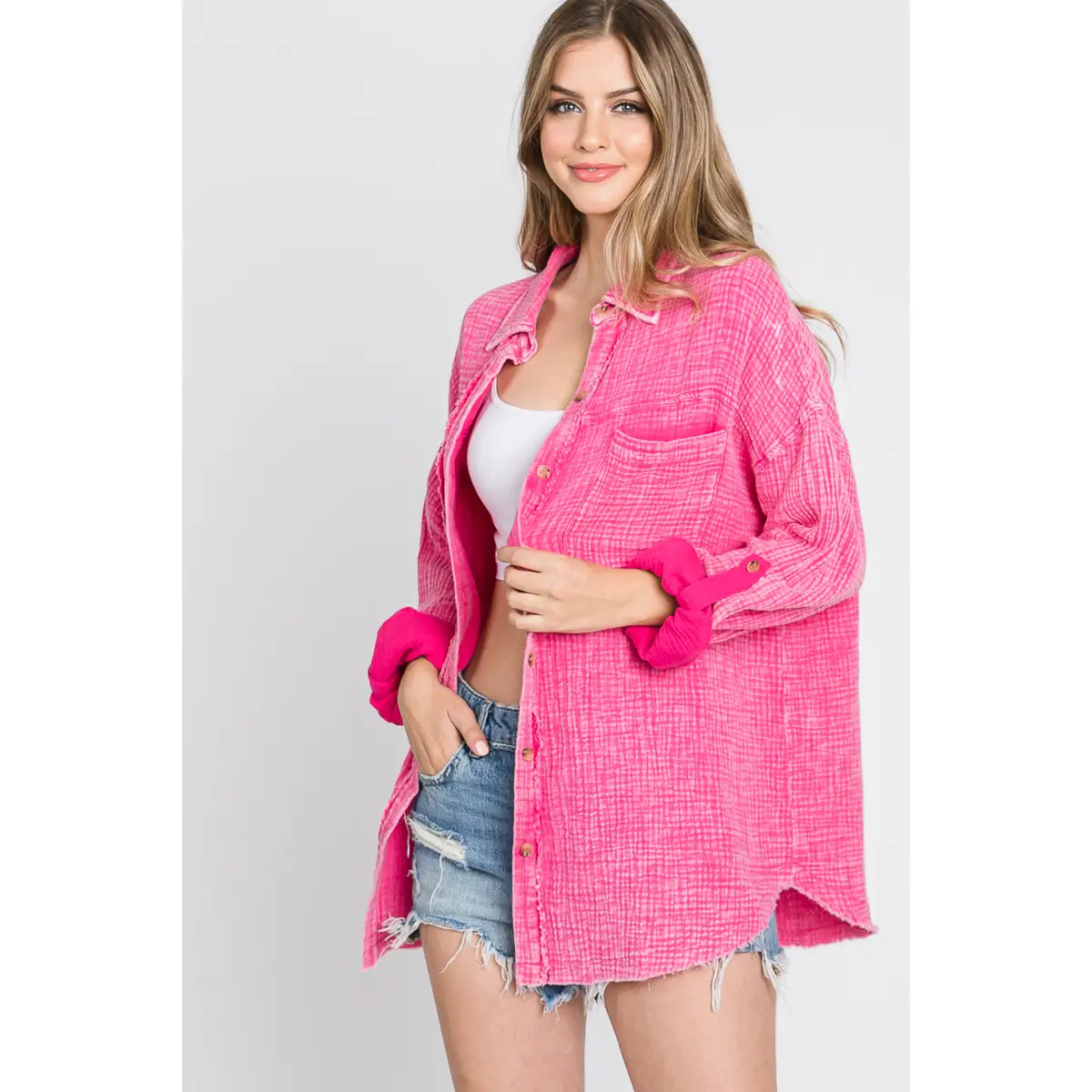 Mineral Washed Cotton Shirt- Fuchsia