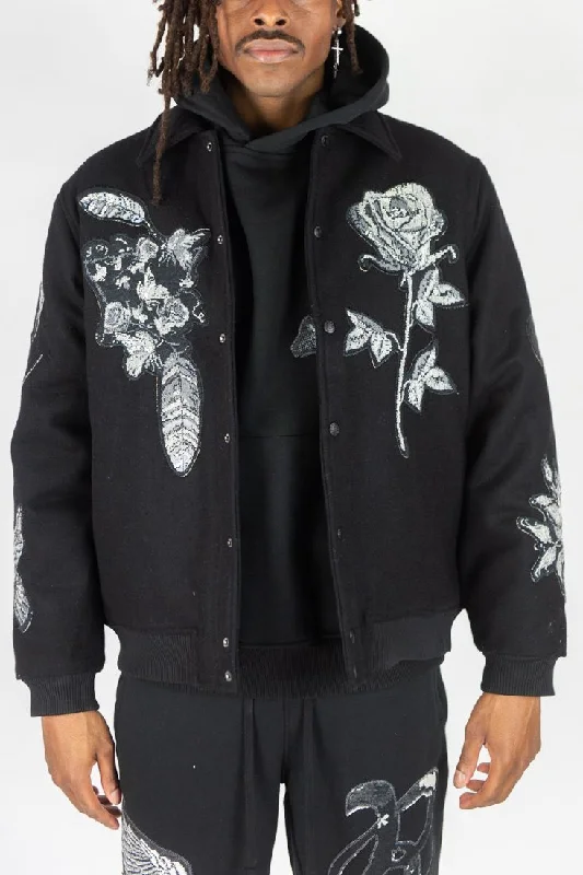 R3bel Denim Melton Varsity Tapestry Patches Jacket (Black)