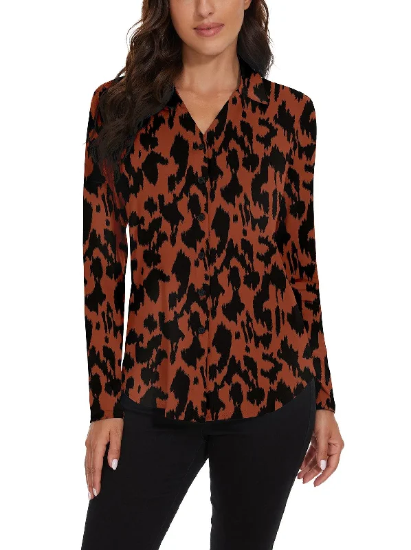 Brown Print Button Down Long-sleeve Golf Shirt for Women