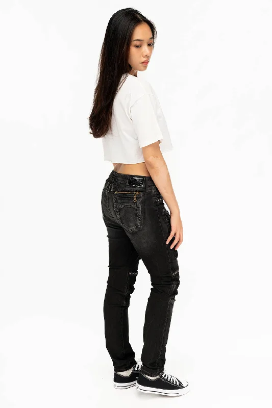 ROBIN'S MILITARY INSPIRED WOMEN'S SKINNY UTILITARIAN JEANS IN LA BLACK WITH STUDS AND CRYSTALS