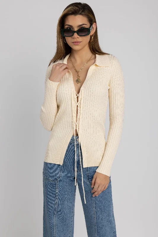 Viscose Knit Laced Cardigan in Light Shell