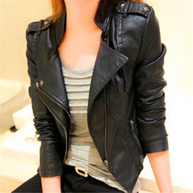 Women Fashion Faux Leather Jacket Slim Outerwea  Black  Long Sleeve Zipper Turn-down Collar Short Coat Slim Fit Top 1