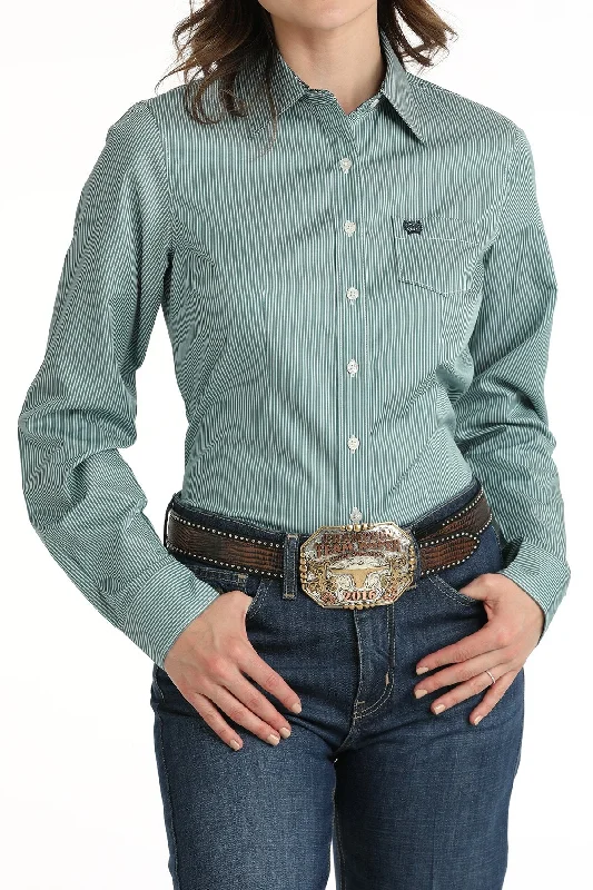 Cinch Women's Tencel Teal & White Micro Stripe Shirt