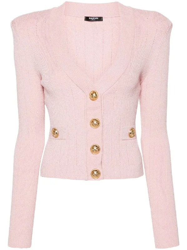 BALMAIN Elegant Pink Cropped Cardigan with Golden Buttons