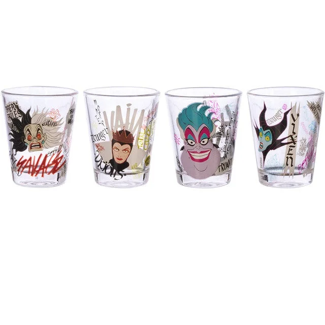 Disney Villains 2 oz. Shot Glass Set of 4 Cruella De Vil, Ursula, Evil Queen, Maleficent