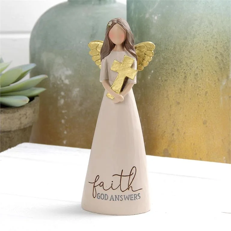 Faith God Answers Angel Figurine Holding Gold Cross