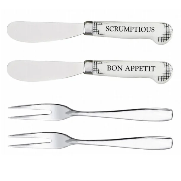 Set of 4 5" Cheese Spreaders & Forks "Scrumptious, Bon Appetit"