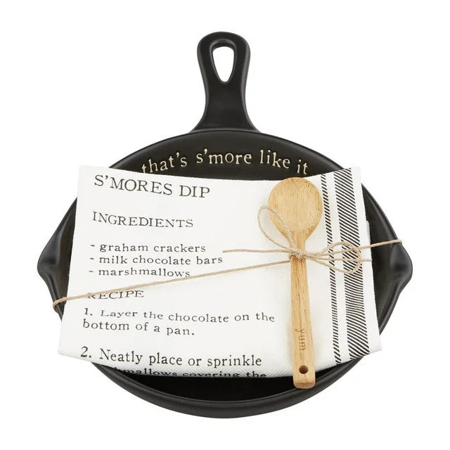 Smores Dip Skillet Set with Engraved Wood Spoon and Cotton Recipe Towel