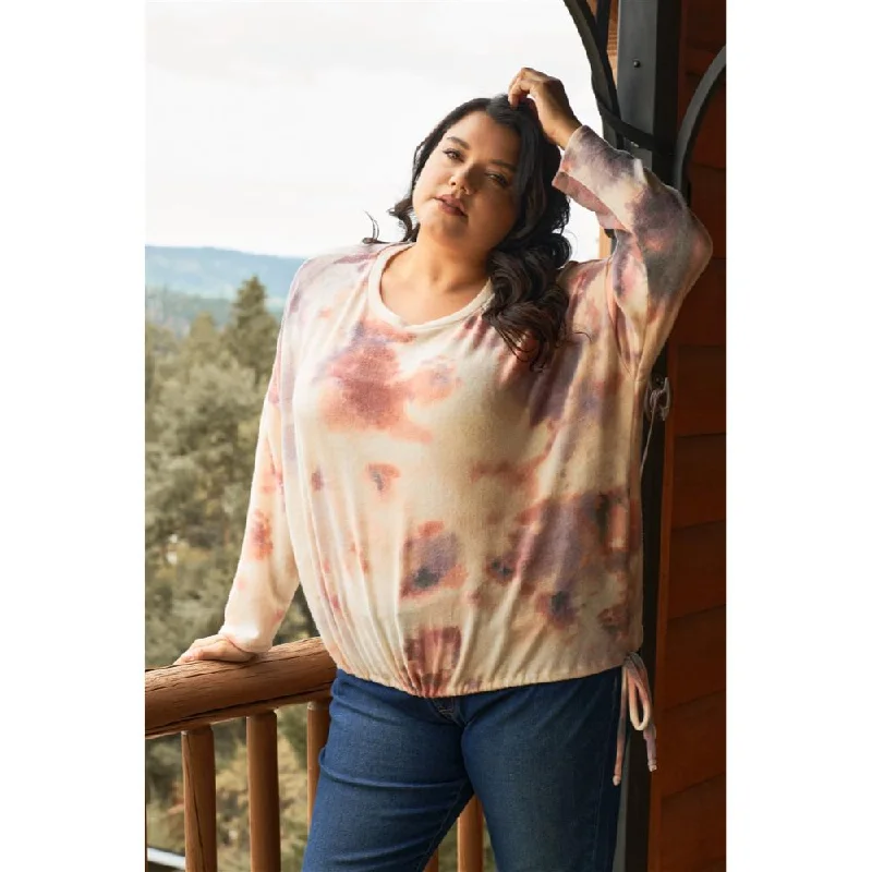 Plus Cream Rust Bleached Tie-dye Long Sleeve Drawstring Detail Relaxed Sweatshirt