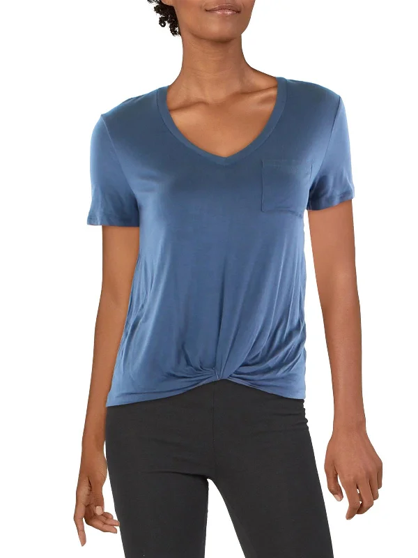 Juniors Womens V Neck Knot Front T-Shirt