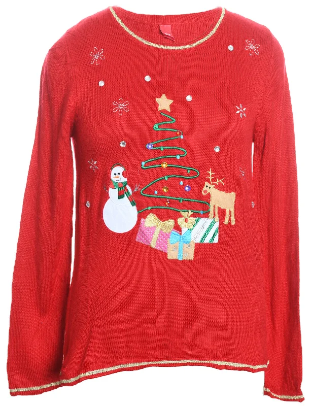 Red Embroidered Christmas Jumper - S