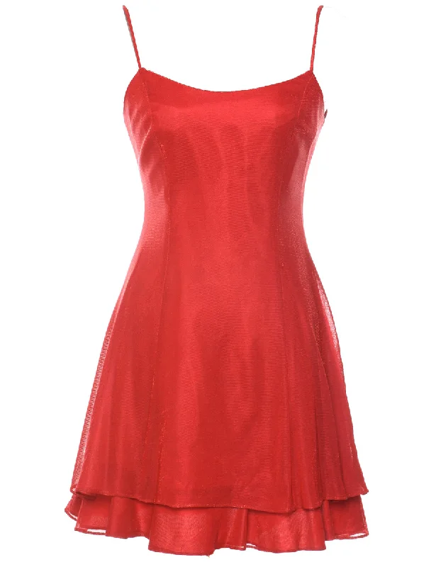 Red Strappy Ruffled Mini Evening Dress - M