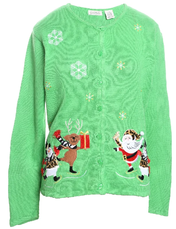 Santa Claus & Reindeer Design Light Green Christmas Cardigan - M