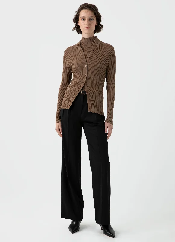 Women's Mulberry Silk Rib Cardigan in Dark Sand