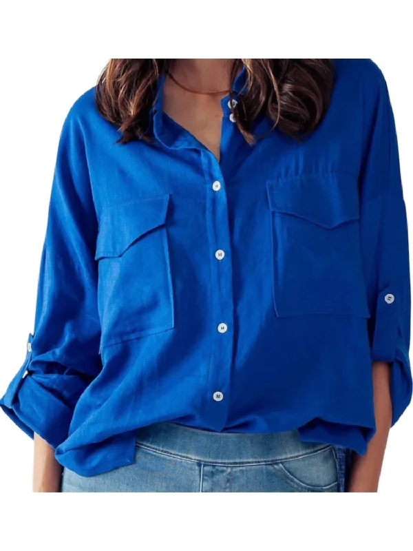 Oversized Pockets Button Up Linen Shirt In Blue