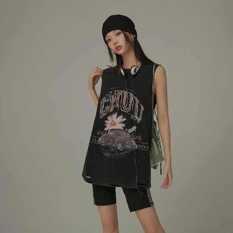 Vintage Oversized Chuu Printed Car Sleeveless T-Shirt