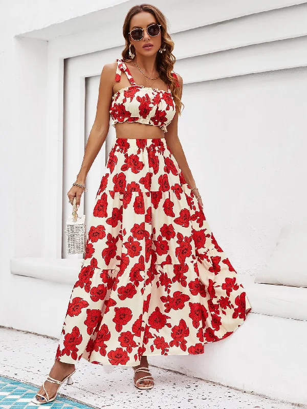 Hazel Blues® |  Floral Tie Shoulder Top and Tiered Maxi Skirt Set