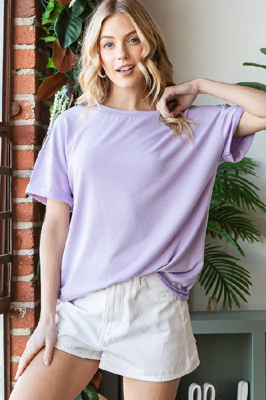 LAVANDER BACK STITCH BASIC OVERSIZED T-SHIT TOP RJT4534-FT