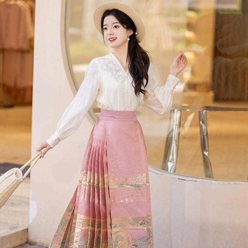 two-piece set (peach blossom pink skirt+blouse)