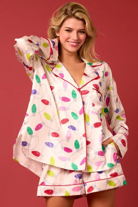 Satin Christmas Lights Prints Pajama Set