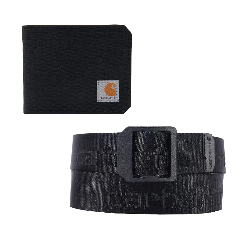 Carhartt A0005780 Men's Bifold and Passcase, Durable Billfold, Available in Leather and Canvas Styles, Wallet & Belt Gift Set (Black Wallet, Black Size Large Belt), One Size