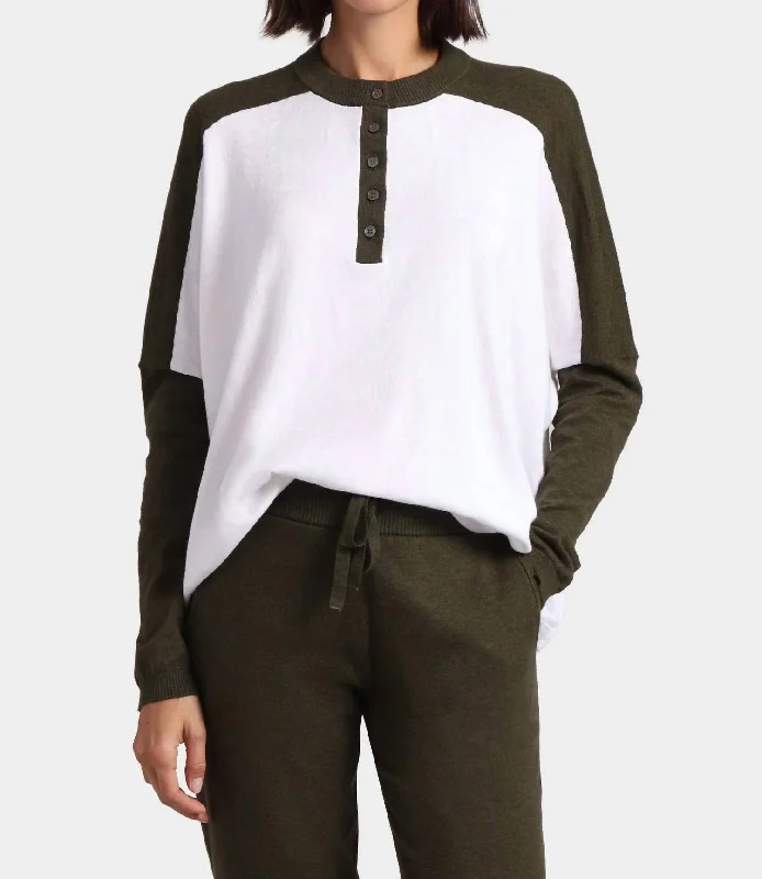 Cotton Cashmere Colorblock Oversized Henley Shirt In Army/white