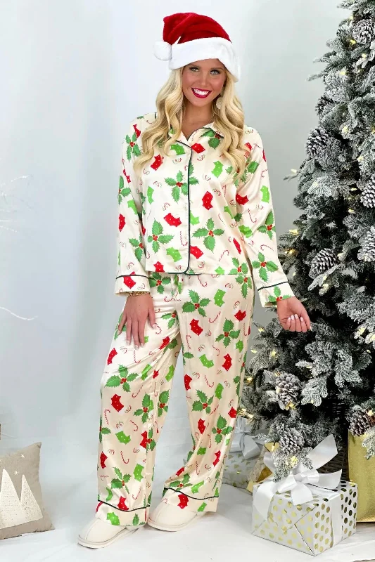 Cream Christmas Mistletoe Print Pajama Set *Final Sale*