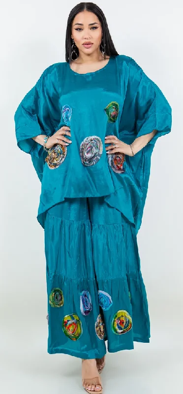 Teal & Rosettes Sunheart  Top & Palazzo Pants Set Boho Hippie Chic Resort Wear Sml-2X+