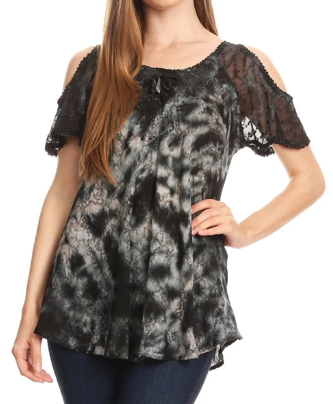 Sakkas Aziza Womens Cold Shoulder Tie-dye Blouse Top with Corset and Embroidery