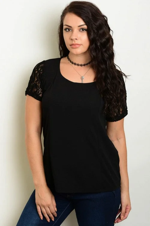 Black Short Sleeve Scoop Neck Lace Detail Top - Plus Size