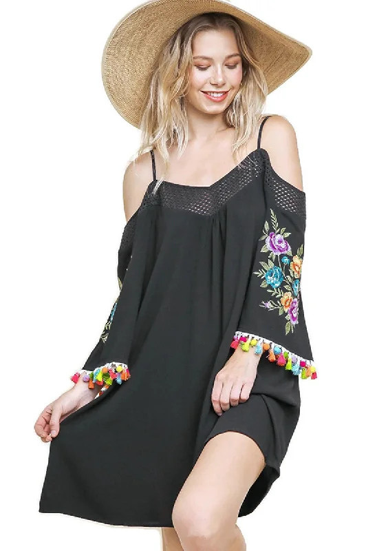 Floral Embroided Pom & Tassel Mini Dress, Black