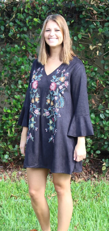 Floral Embroidered Bell Sleeve Dress, Black