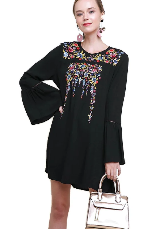 Floral Embroidered Bell Sleeve Mini Dress, Black