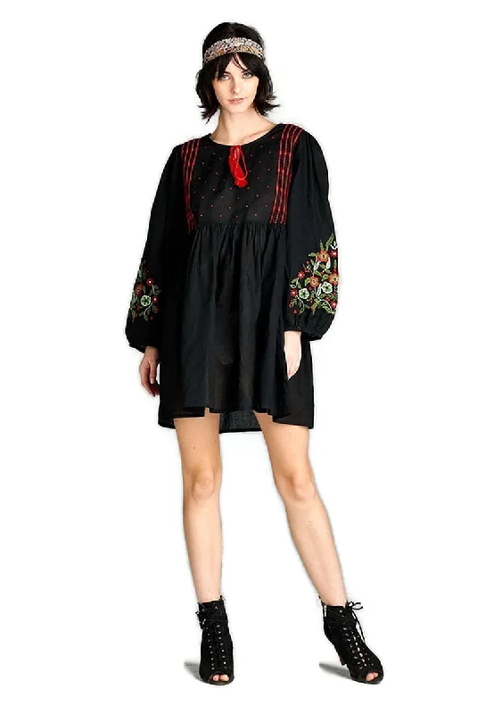 Floral Embroidered Peasant Dress, Black