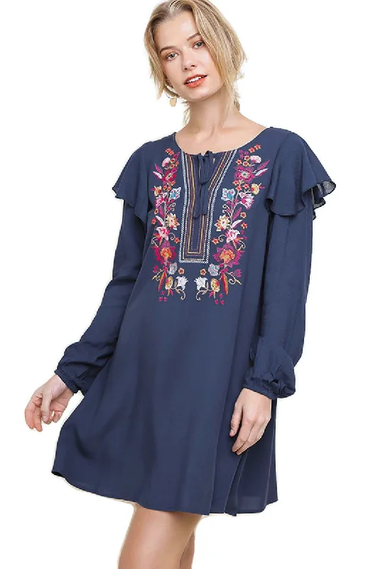 Floral Embroidered Puff Sleeve Dress, Navy