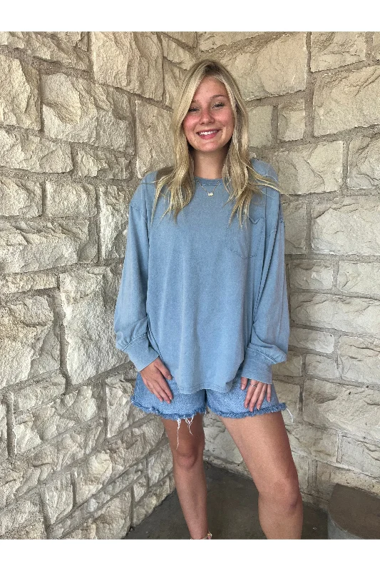 Hyfve Double Zero Oversized Washed Long Sleeve Pocket Tee In Grey Blue