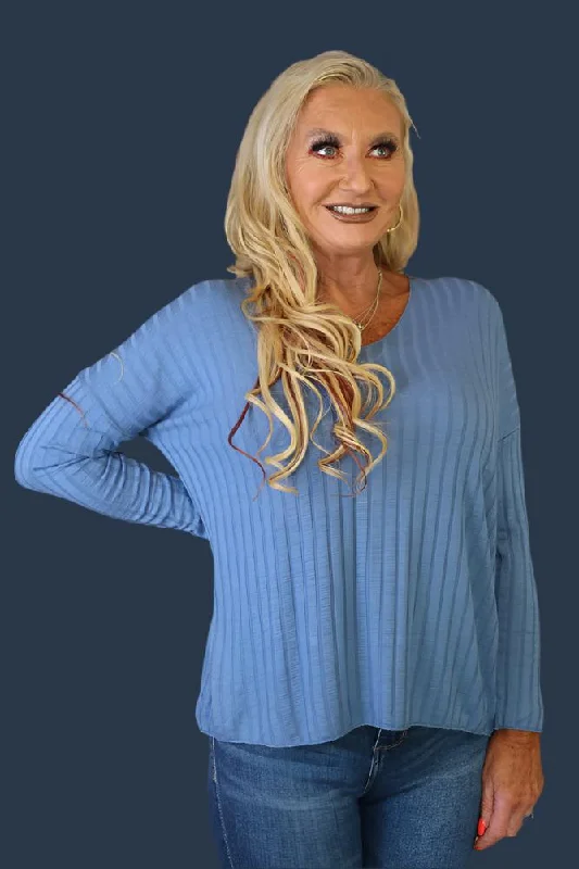 Look Mode Oversized Ribbed Top In Blue Jean