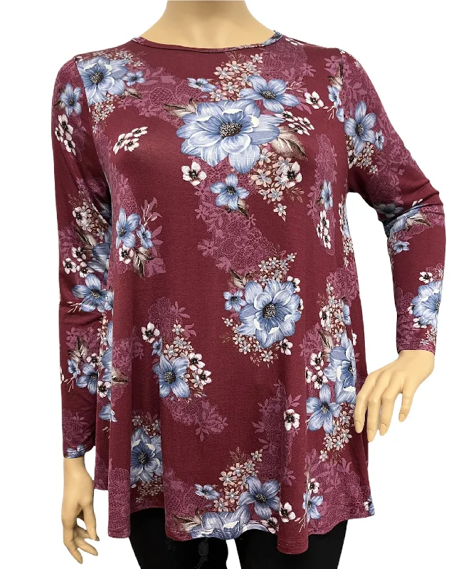 Plus Size Wine Floral Printed Long Sleeve Top