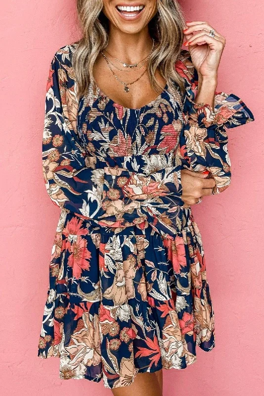 Dark Blue Boho Floral Dress