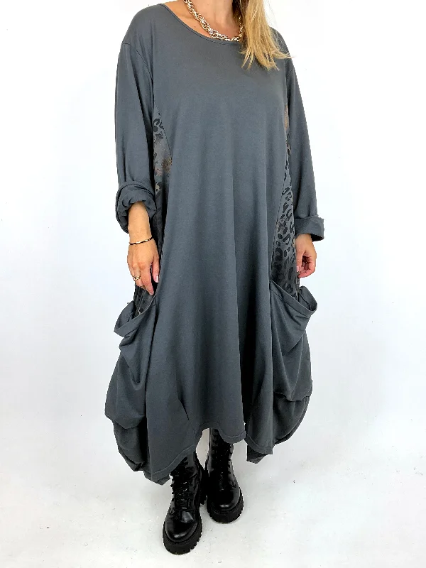 Made in Italy Lagenlook Luna Animal Panel Dress in Charcoal. code 11363