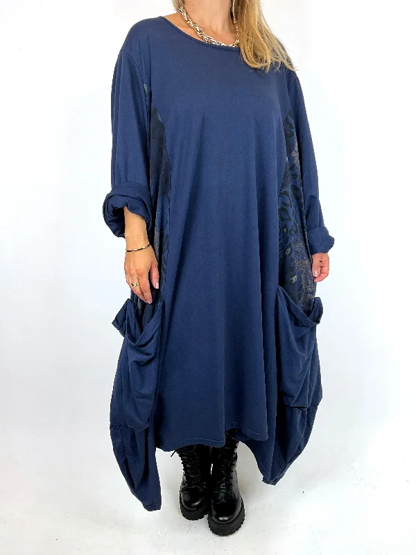 Made in Italy Lagenlook Luna Animal Panel Dress in Navy Blue. code 11363