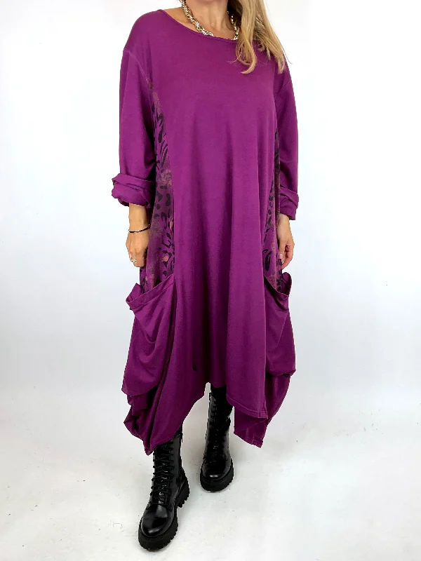 Made in Italy Lagenlook Luna Animal Panel Dress in Plum. code 11363