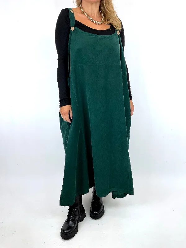 Made in Italy Lagenlook Pinafore Corduroy Apron Dress in Bottle Green. 91706