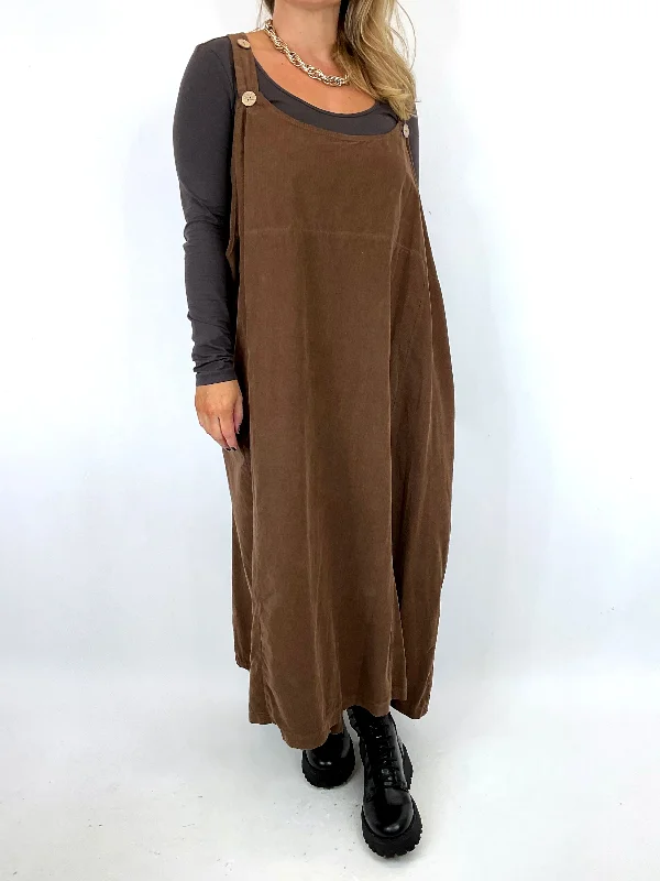 Made in Italy Lagenlook Pinafore Corduroy Apron Dress in Chocolate. 91706