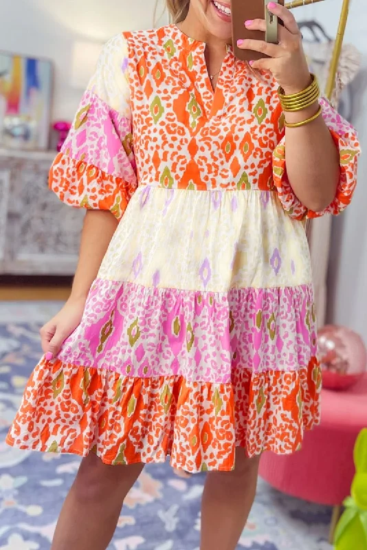 Lilly Boho Multicolor Bubble Sleeve Tiered Dress