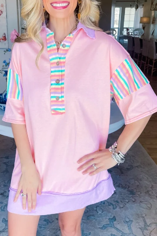 Pink Multicolor Rainbow Stripe T Shirt Dress