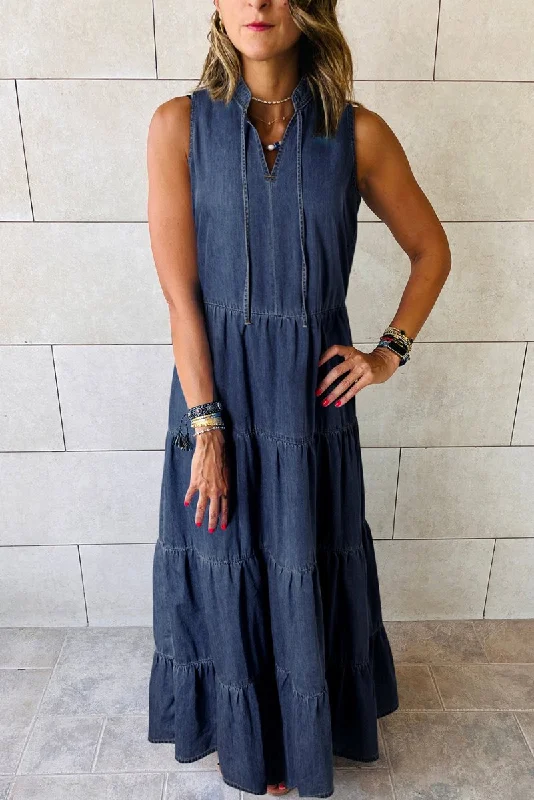 Long Chambray Tiered Maxi Denim Dress